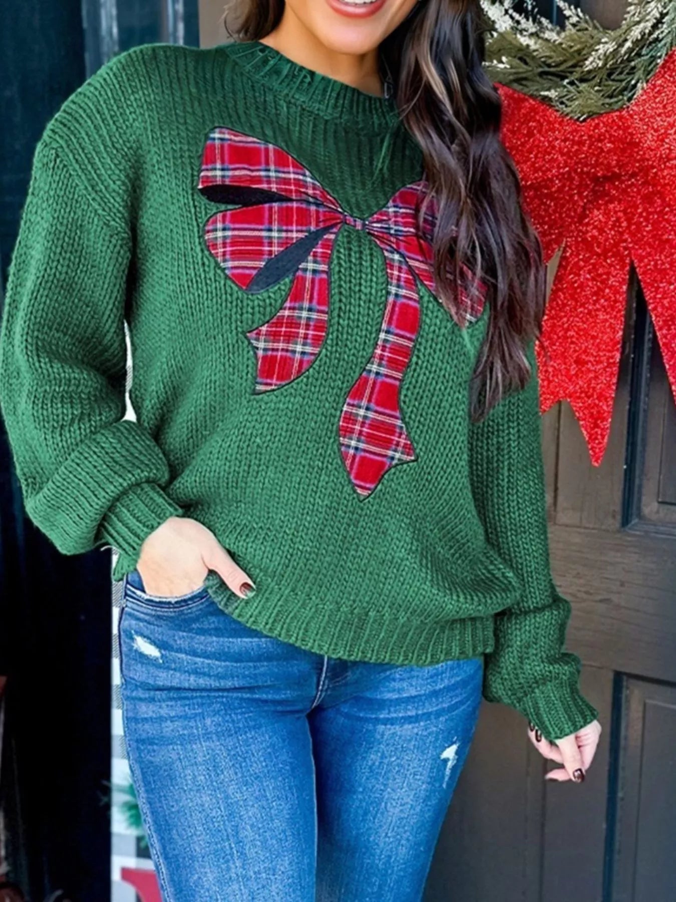 Plaid Bow Graphic Christmas Sweater OutfitFlow