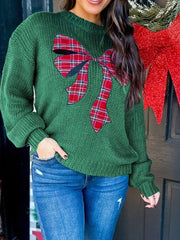 Plaid Bow Graphic Christmas Sweater OutfitFlow