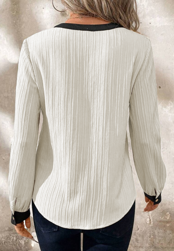 Outfit Flow - Contrast Notched Long Sleeve Blouse