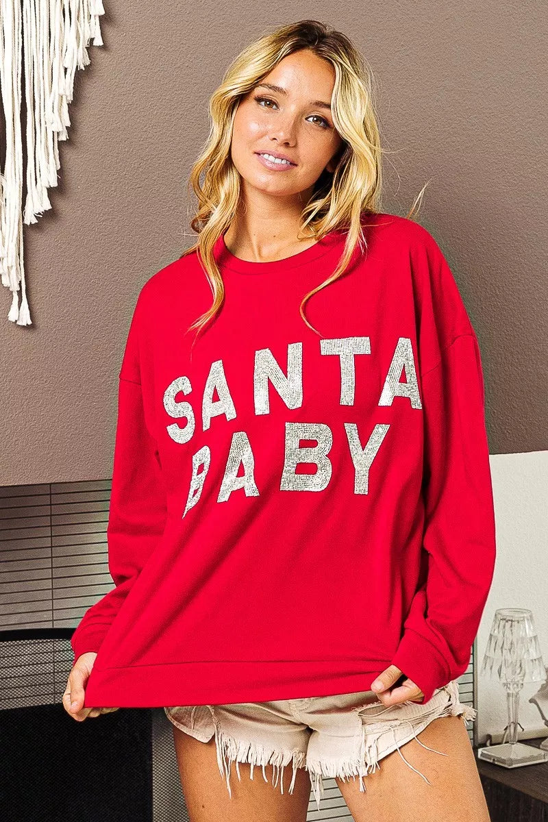 BiBi Santa Baby Lettering Christmas Sweatshirt OutfitFlow
