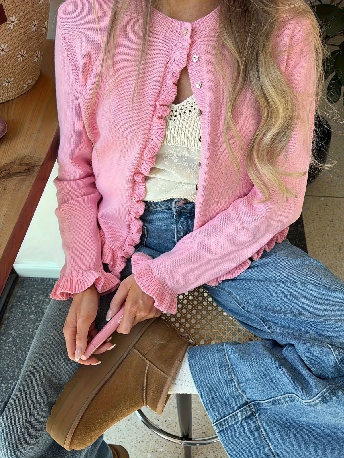 Ruffled Trim Knit Cardigan Pink OutfitFlow