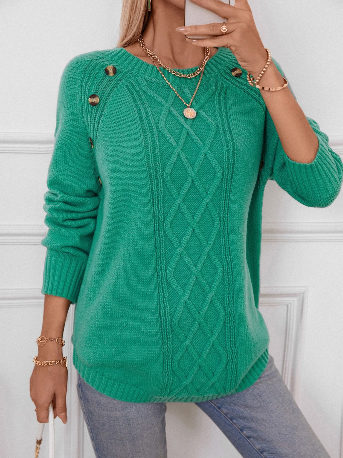 Outfit Flow - Decorative Button Round Neck Raglan Sleeve Sweater