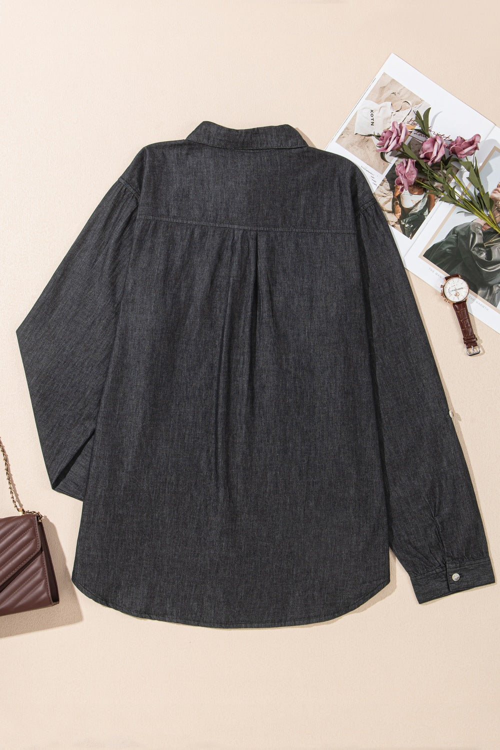 Pocketed Collared Neck Long Sleeve Denim Top OutfitFlow