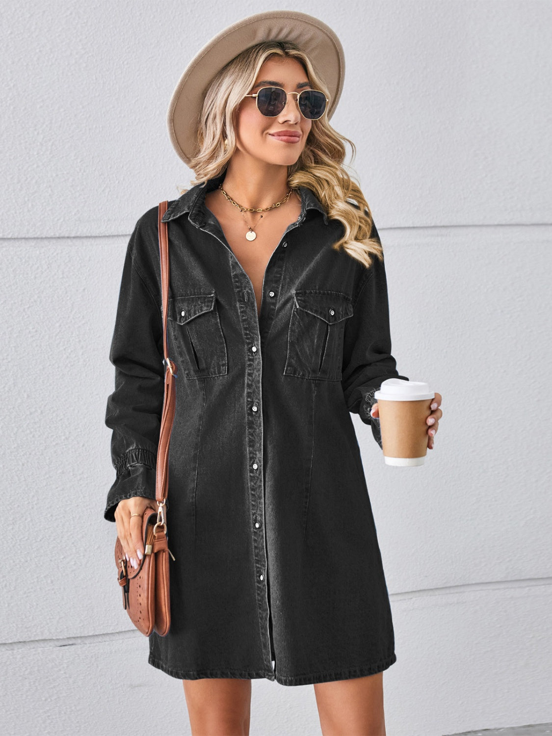 Pocketed Dropped Shoulder Mini Denim Dress