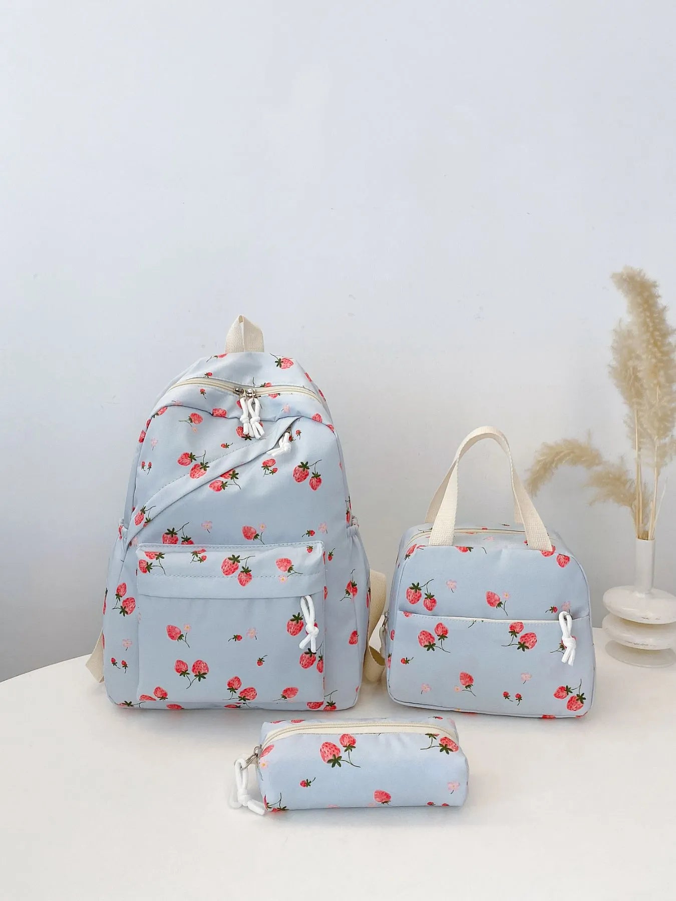 3-Piece Strawberry Print Canvas Bag Set Blue onesize OutfitFlow