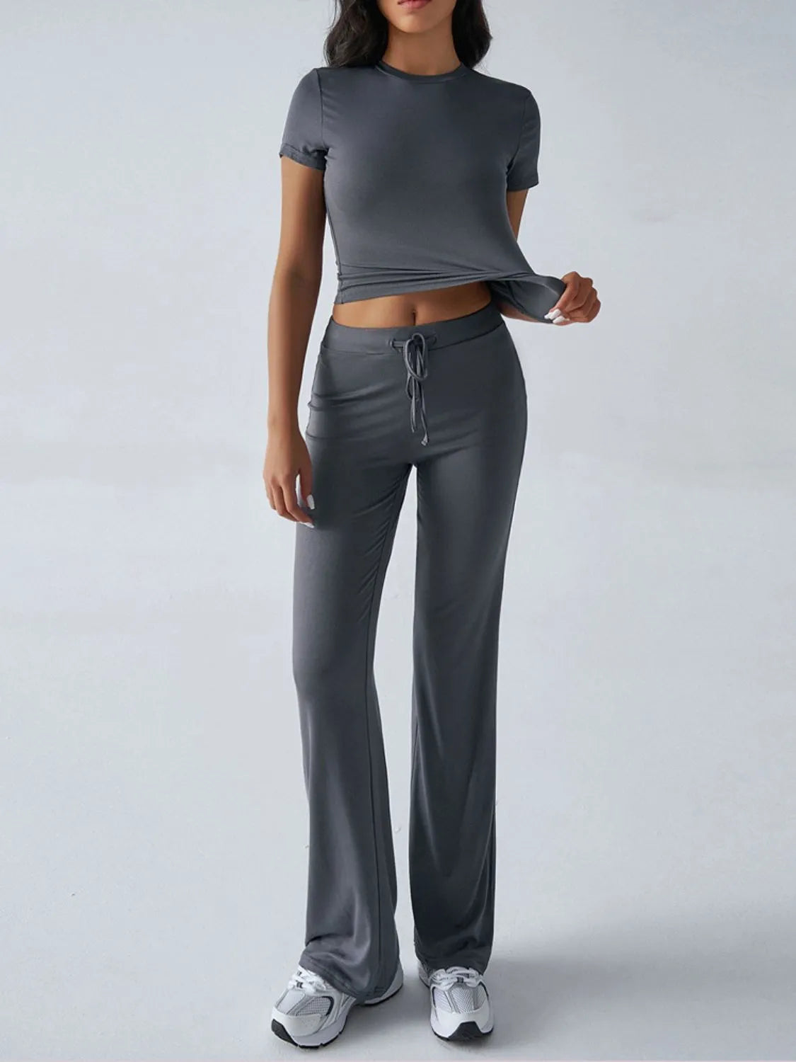 Round Neck Short Sleeve Top and Pants Set Dark Gray OutfitFlow