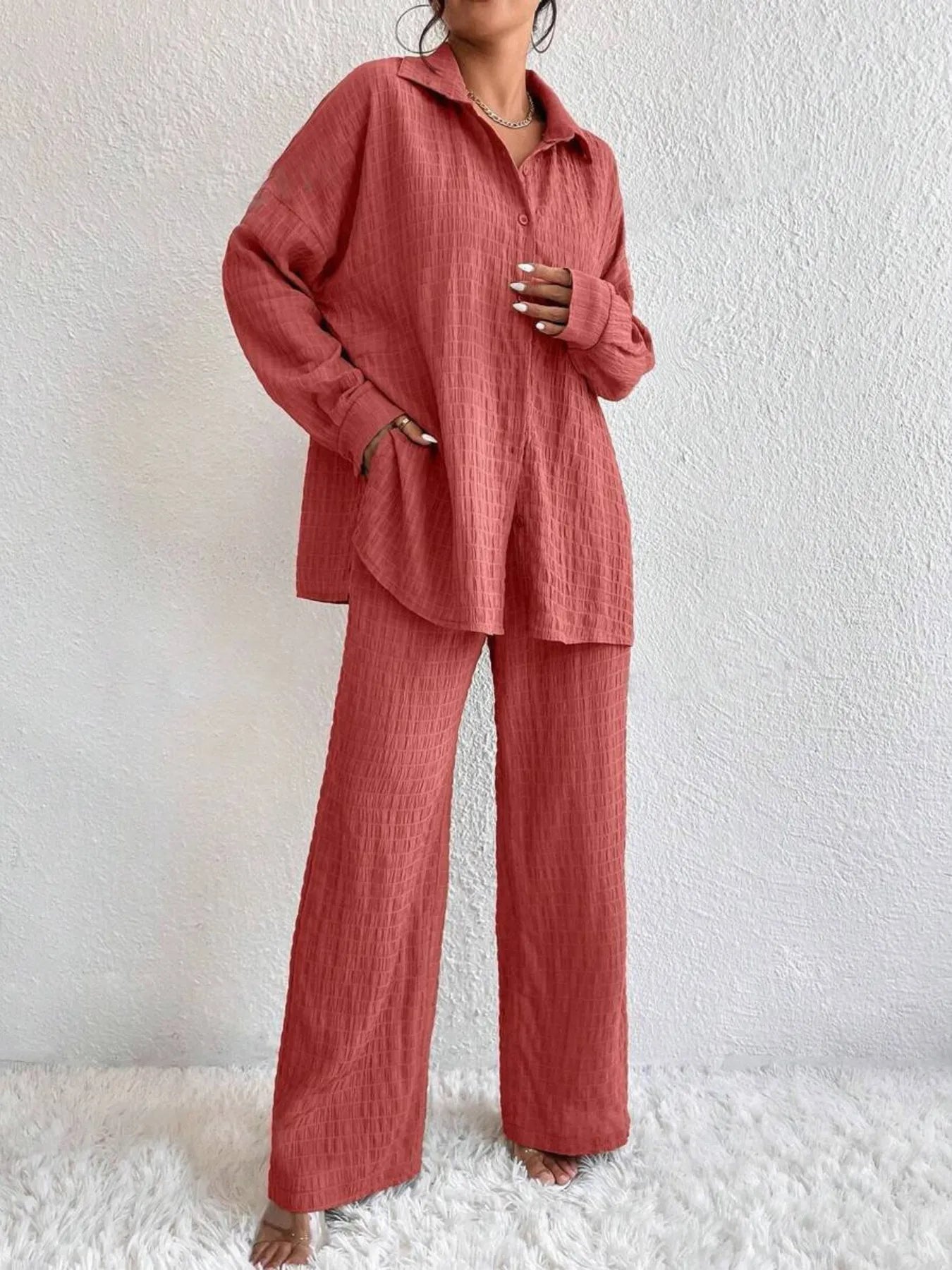 Button Up Long Sleeve Shirt and Pants Set OutfitFlow