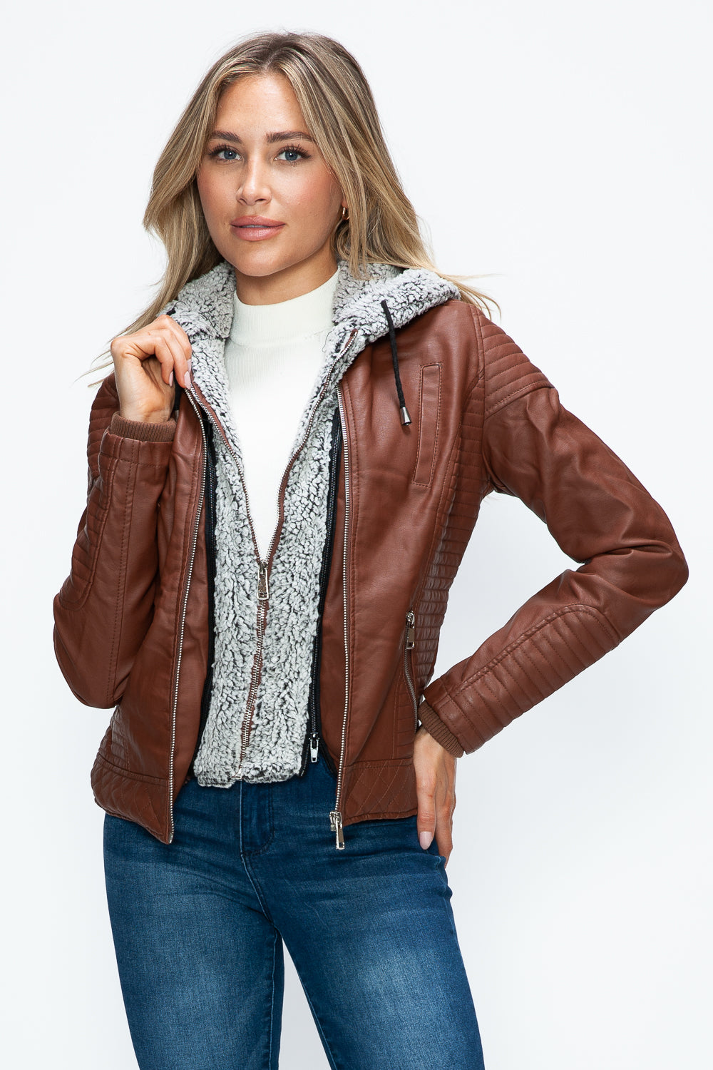 Outfit Flow - YMI Faux Layered Double-Zipper Jacket with Fuzzy Hood