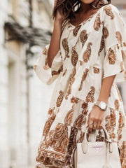 Paisley Print Tie Neck Half Sleeve Mini Dress OutfitFlow