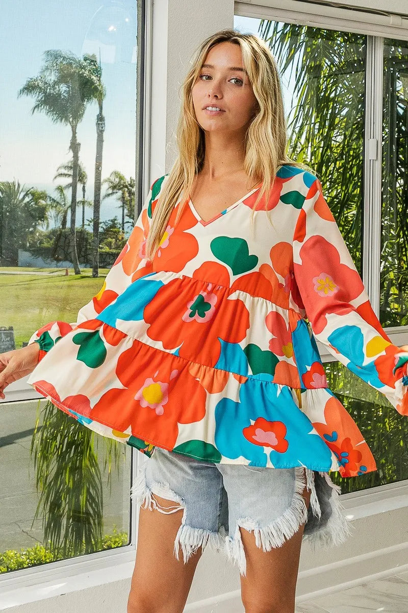 BiBi Floral Woven Tiered V Neck Top Trendsi