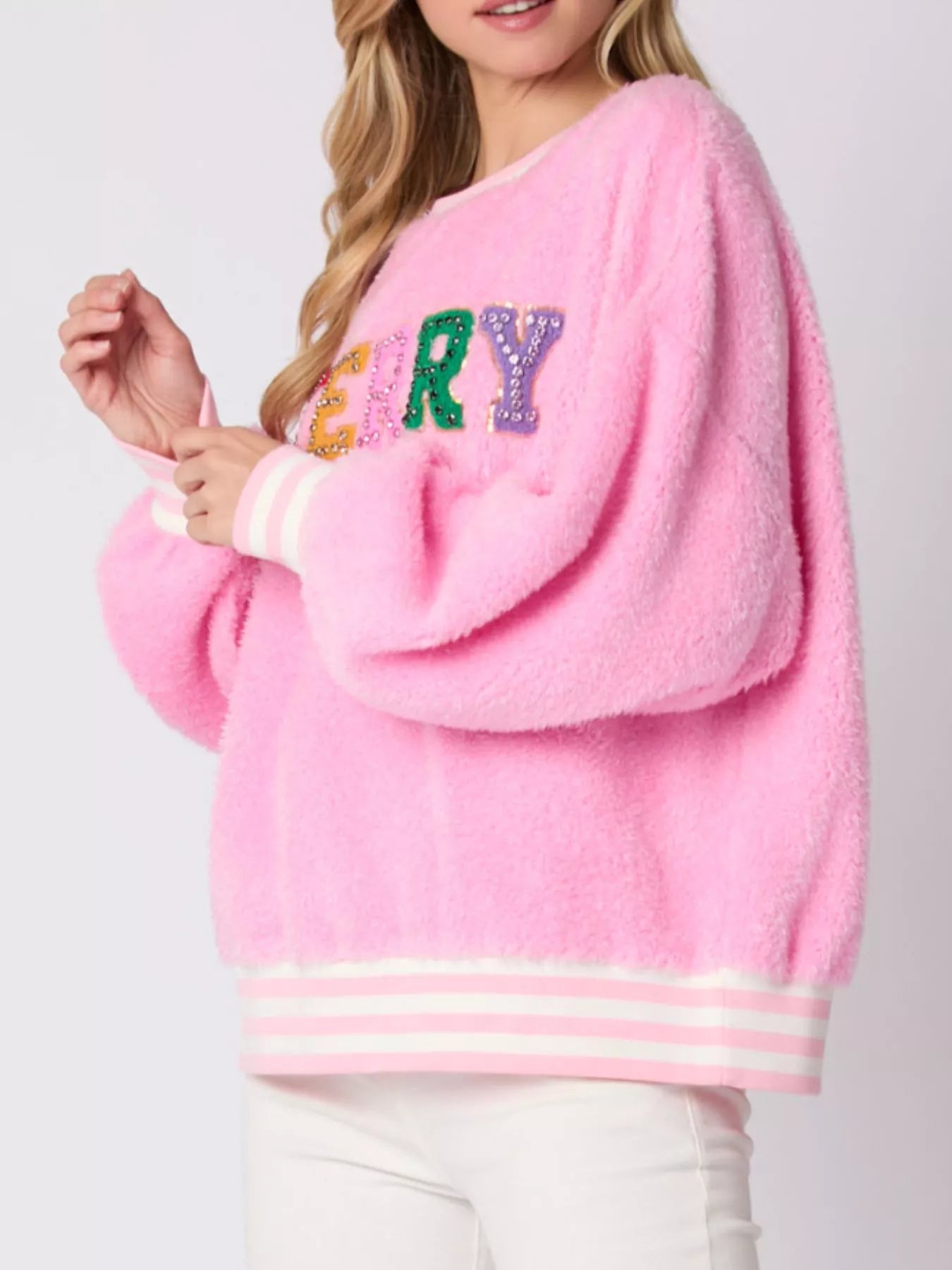 Rhinestone Merry Christmas Round Neck Sweatshirt OutfitFlow