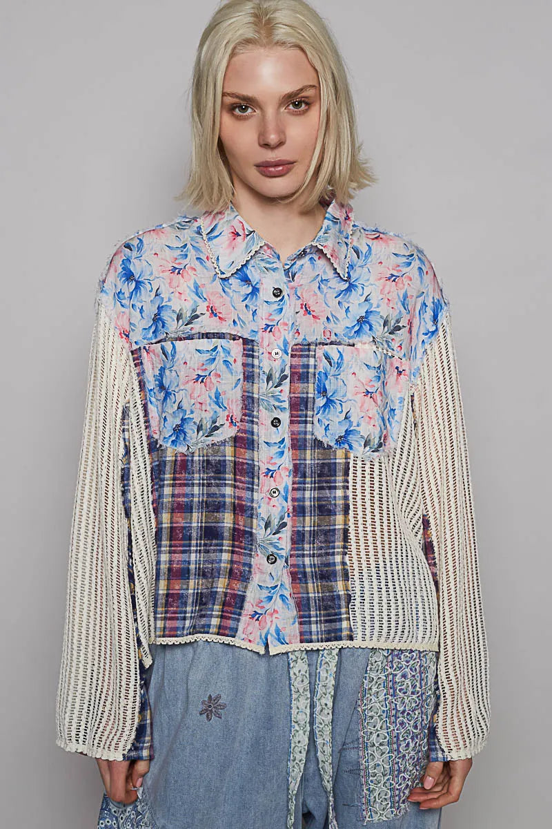 POL Floral Slit Back Plaid Patchwork Shirt OutfitFlow