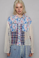 POL Floral Slit Back Plaid Patchwork Shirt OutfitFlow