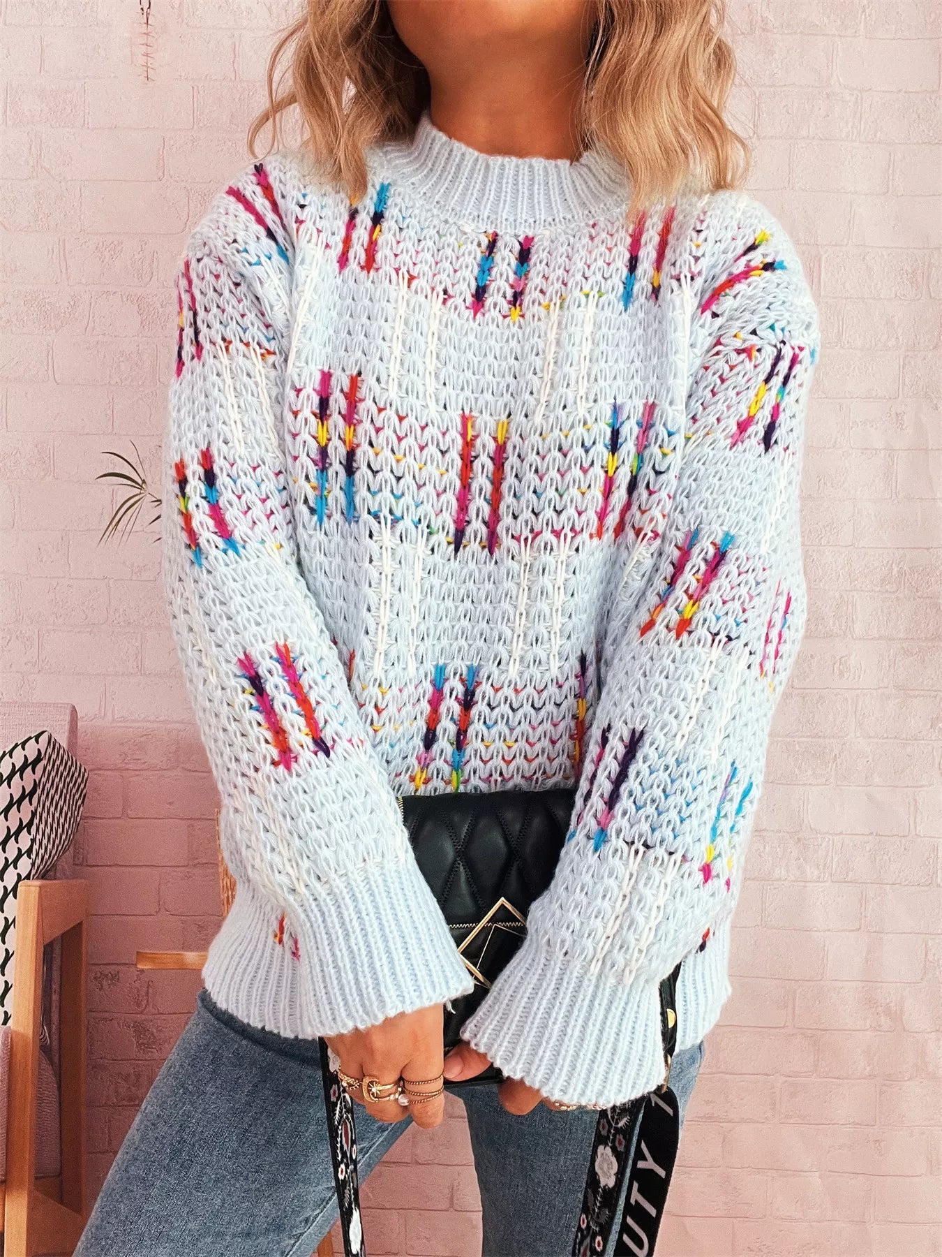 Colorful Round Neck Long Sleeve Sweater OutfitFlow