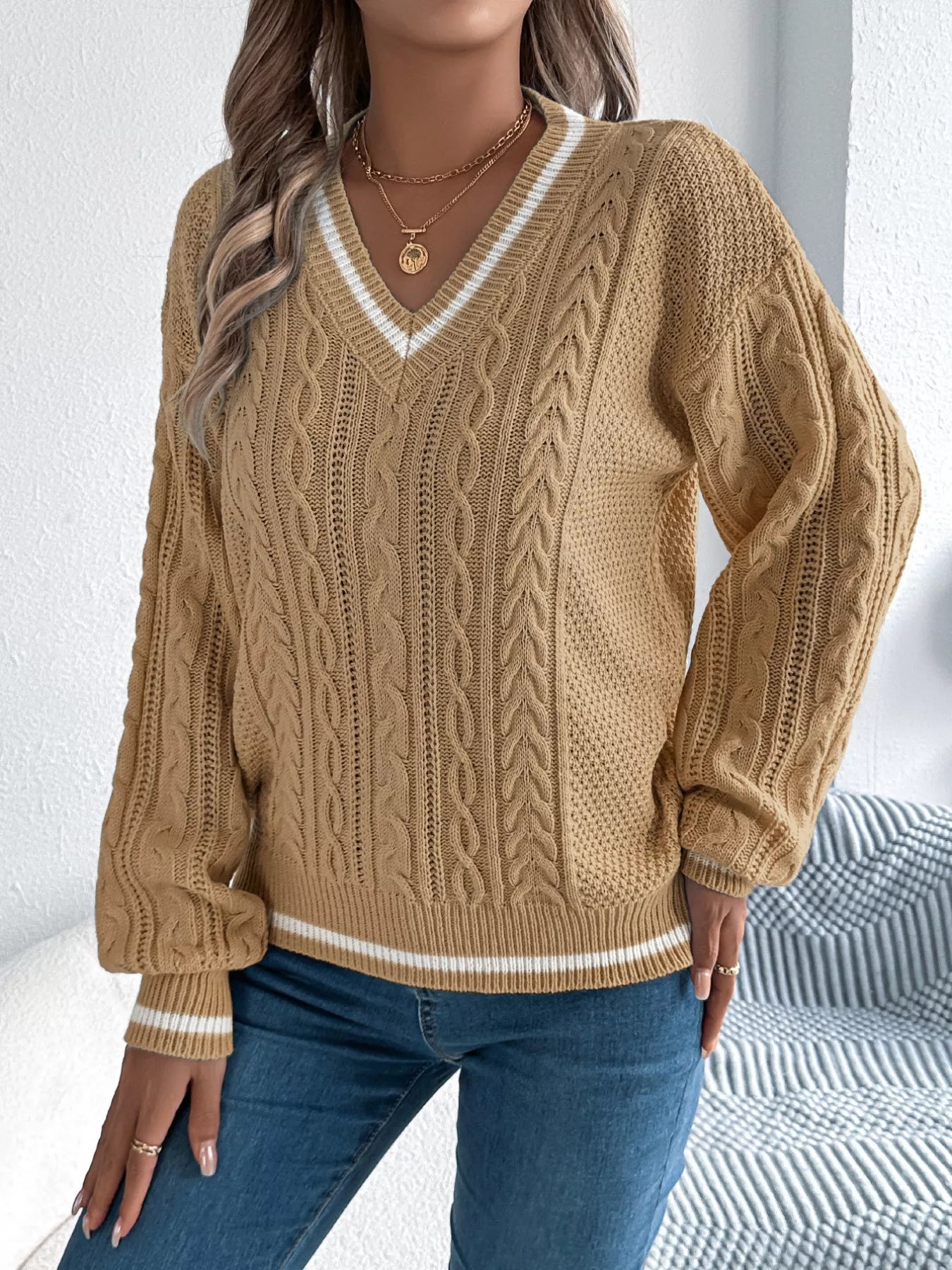 Cable Knit V-Neck Long Sleeve Sweater OutfitFlow