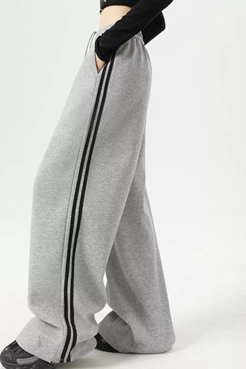 Wide Leg Side Striped Pants Gray OutfitFlow