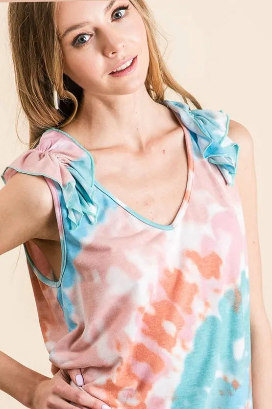 BiBi Circular Tie Dye Knit V Neck Top With Ruffle OutfitFlow