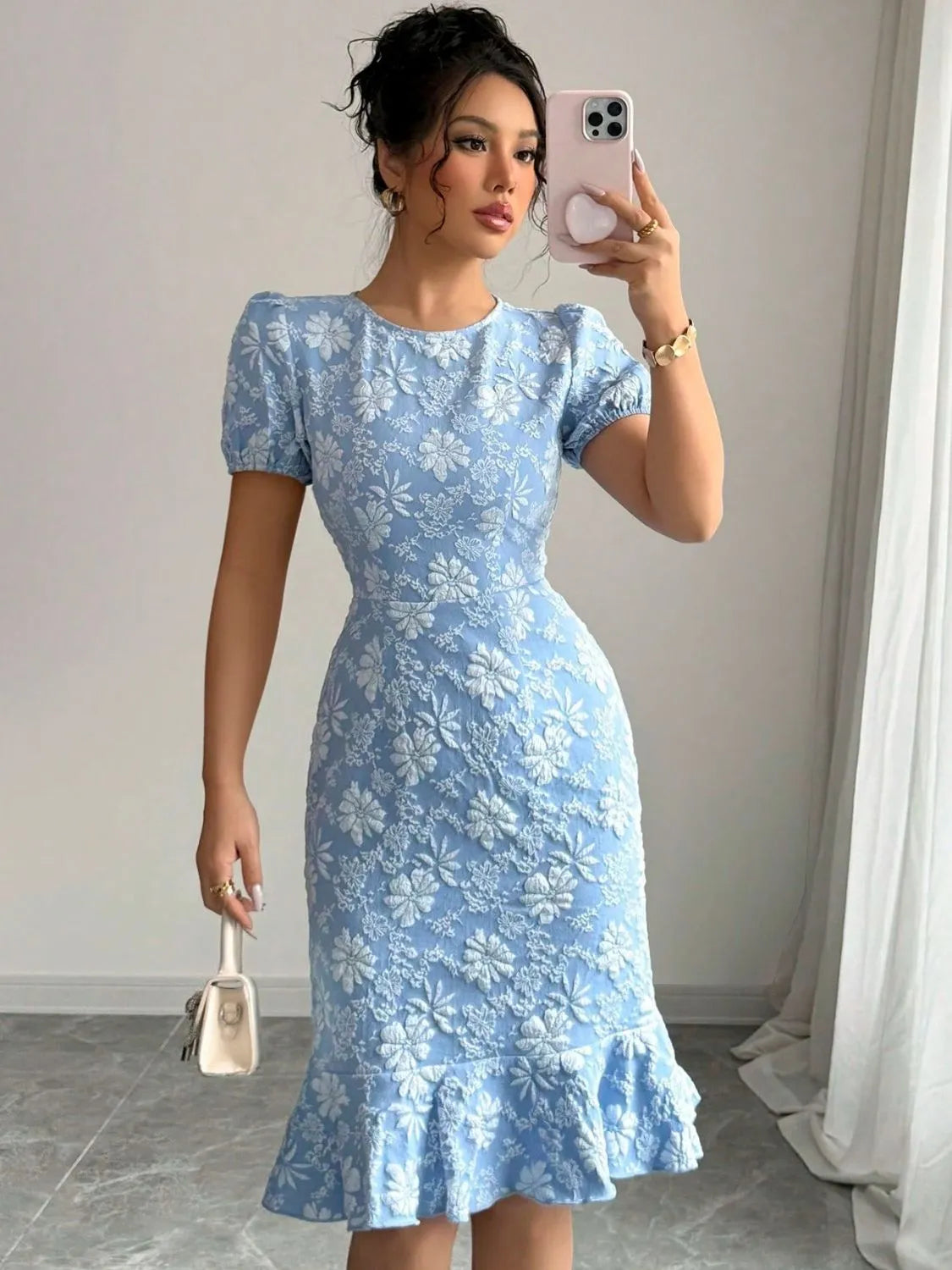 Ruffled Hem Flower Round Neck Short Sleeve Dress Light Blue OutfitFlow