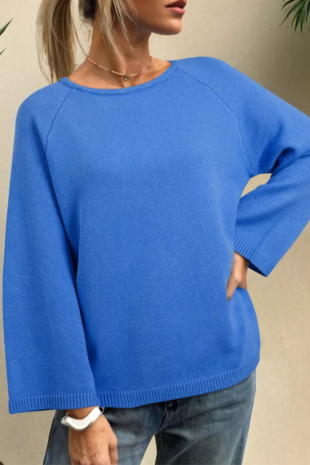 Solid Color Knit Loose Bracelet Sleeve Dolman Sweater Blue OutfitFlow