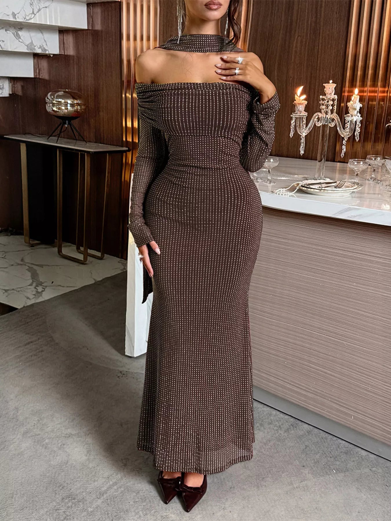 Off-Shoulder Scarf Bodycon Maxi Dress OutfitFlow