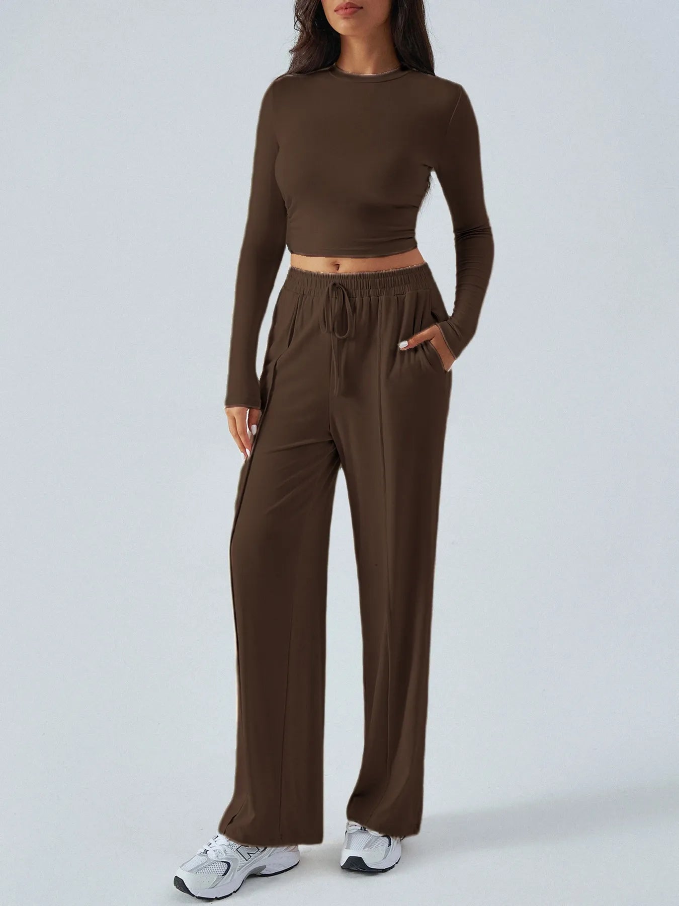 Round Neck Long Sleeve Top and Pants Set Brown OutfitFlow
