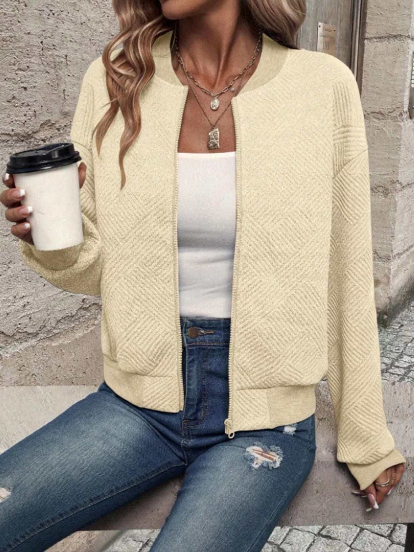 Textured Knit Zip-Up Bomber Jacket OutfitFlow