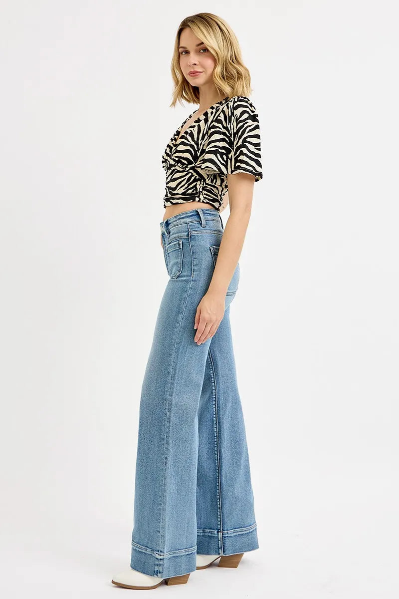 RISEN Full Size High Rise Wide Flare Patch Pocket Jeans Plus Size OutfitFlow