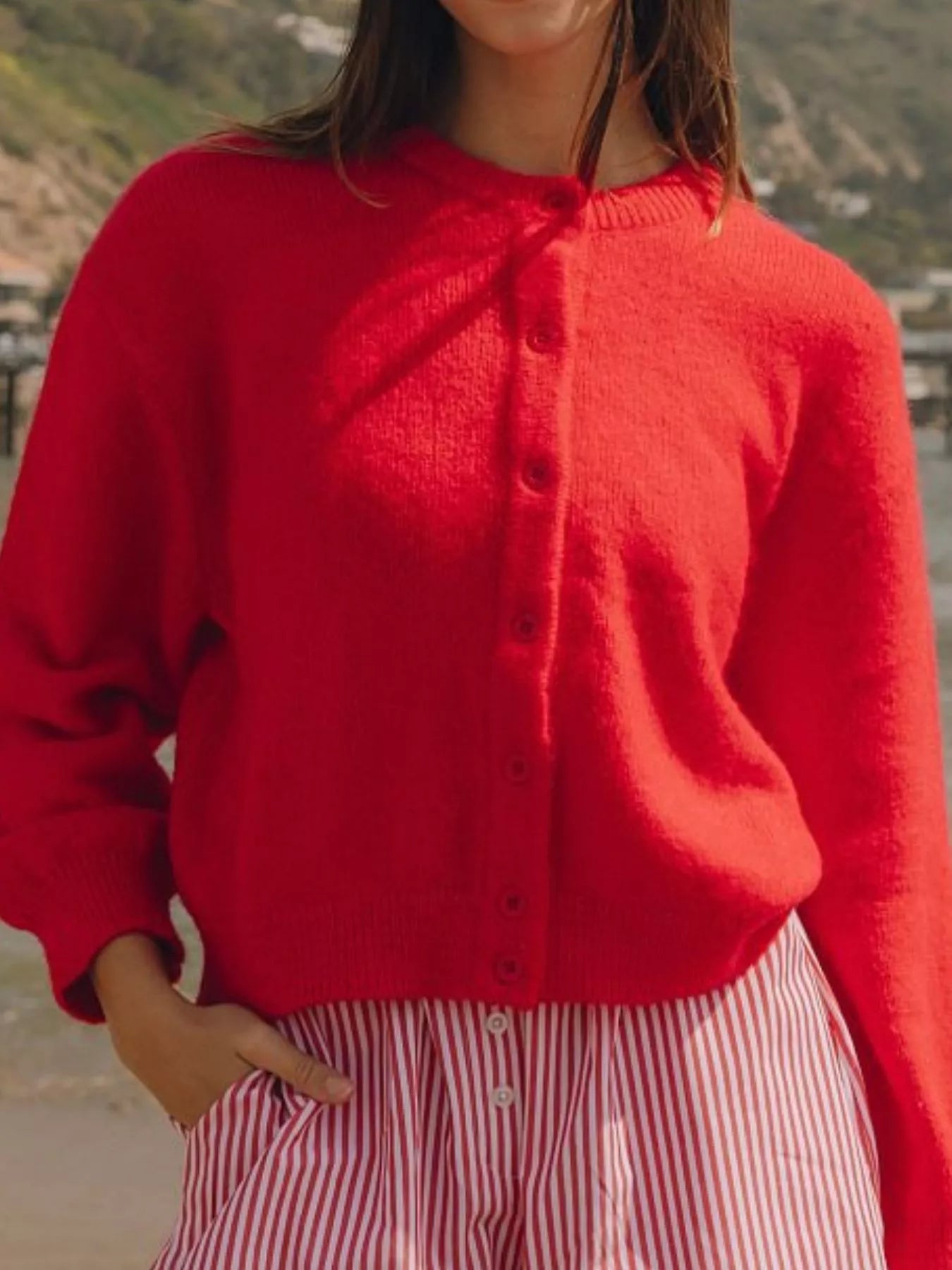 Button-Down Knit Cardigan Red OutfitFlow