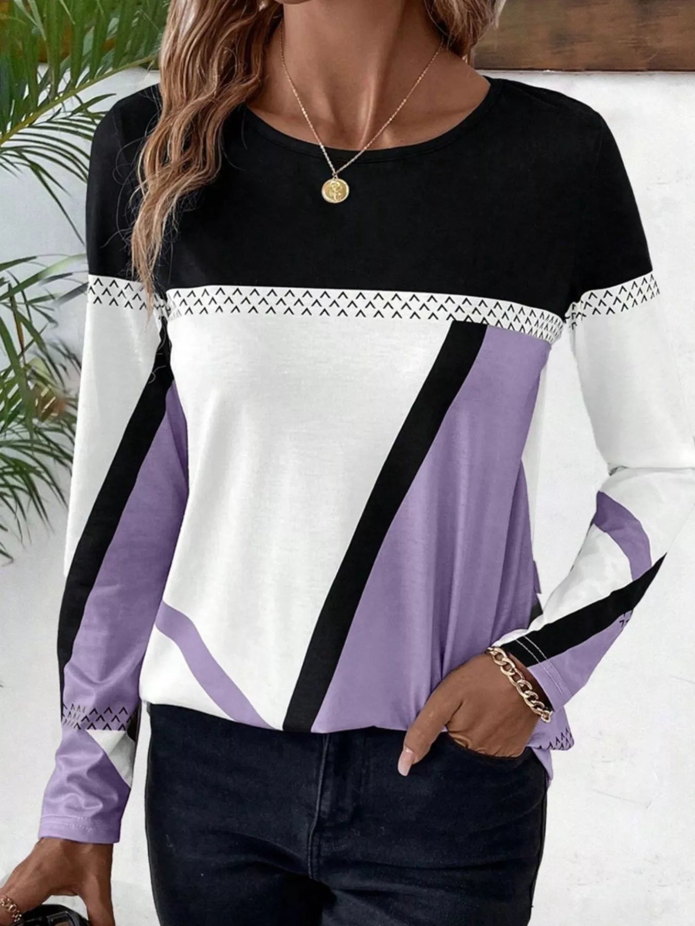 Color Block Long Sleeve T-Shirt Lavender OutfitFlow