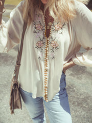 Floral Embroidered Textured Puff Sleeve Loose Shirt OutfitFlow