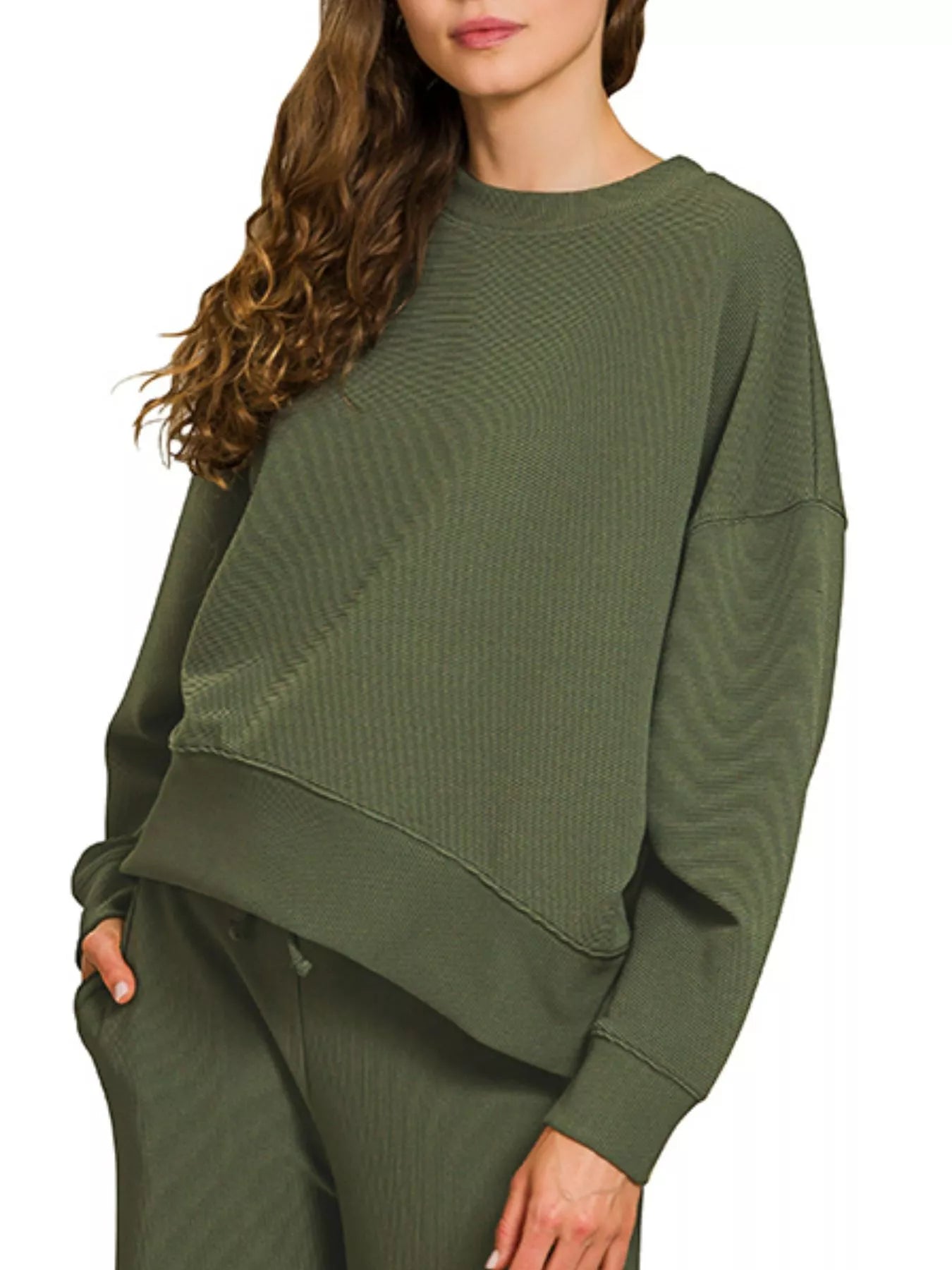 Zenana Ribbed Round Neck Pullover and Drawstring Pants Set OutfitFlow