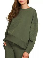 Zenana Ribbed Round Neck Pullover and Drawstring Pants Set OutfitFlow