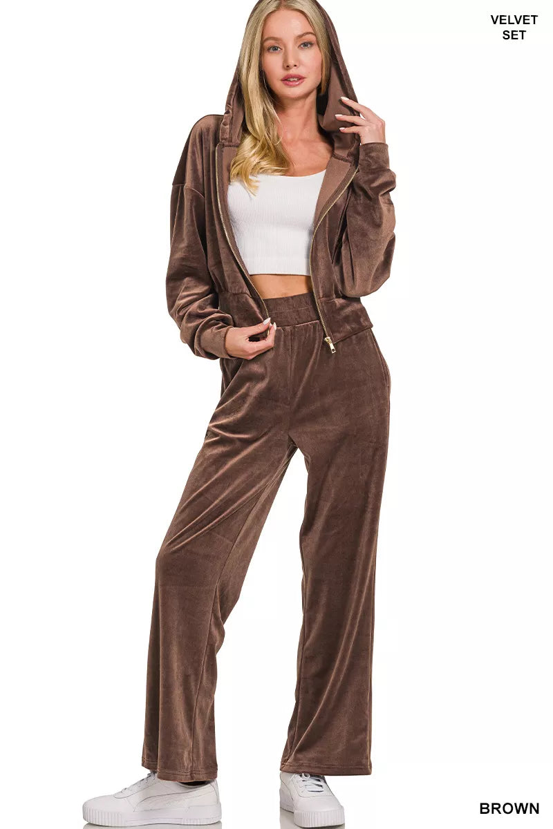 Zenana Velvet Zip Up Hoodie and Pants Set OutfitFlow