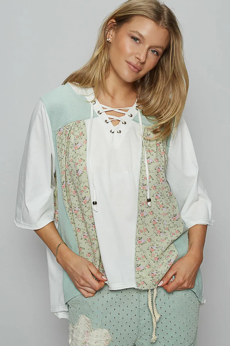 POL Lace-Up Hooded T-Shirt with Paisley Panel Detail OutfitFlow