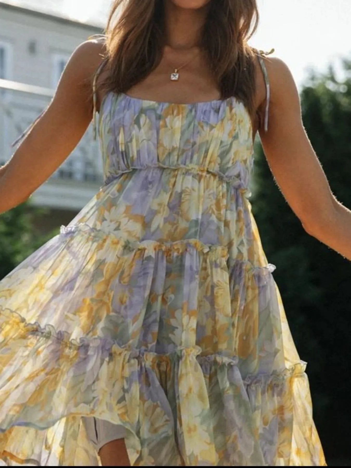 Printed Tie-Strap Tiered Mini Dress OutfitFlow