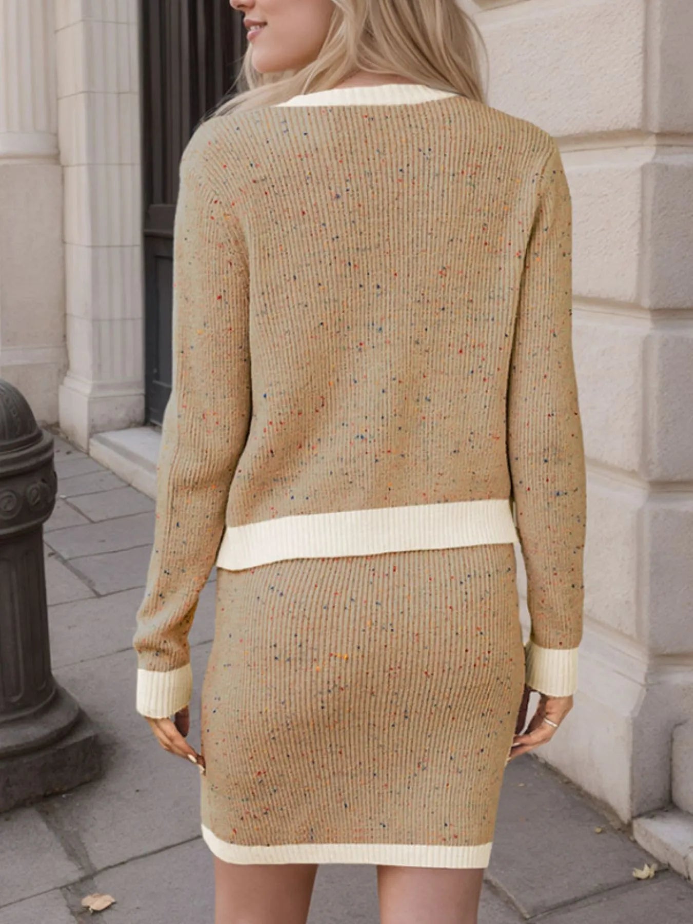 Contrast Trim Ribbed Top and Skirt Sweater Set OutfitFlow
