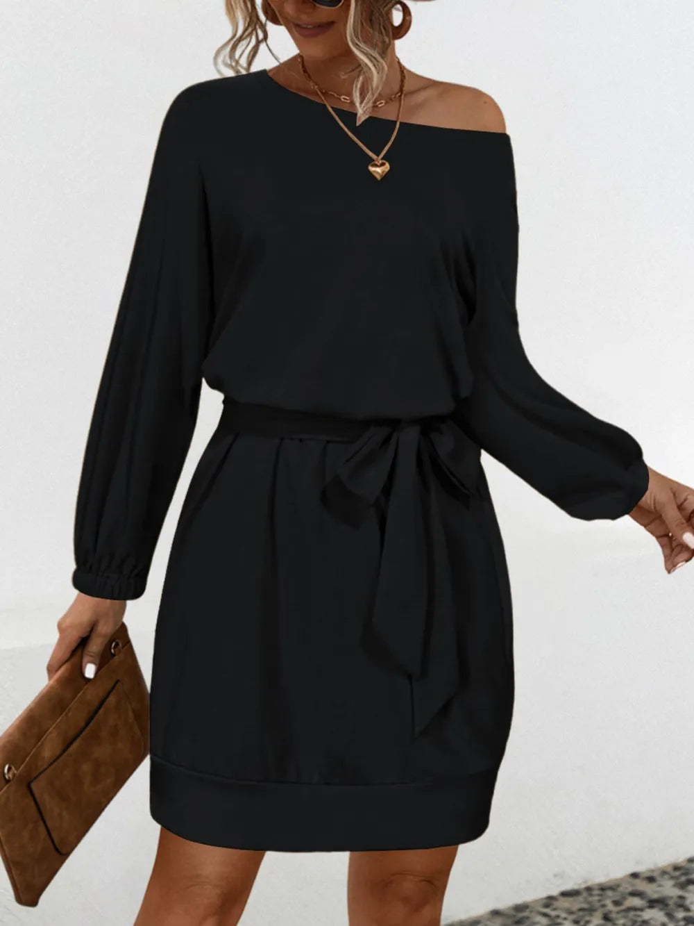 One Shoulder Tie Waist Dress Black OutfitFlow