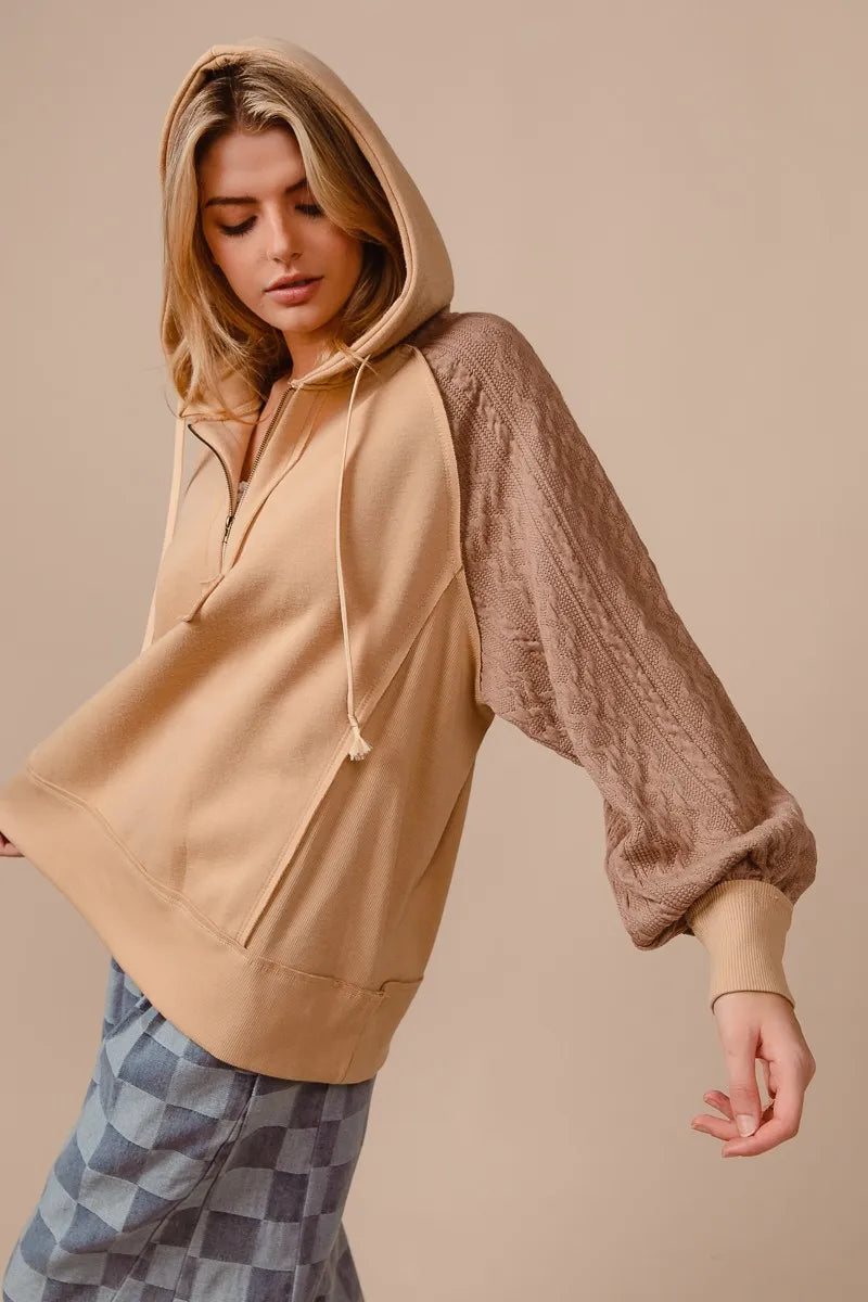 BiBi Half Zip French Terry Hoodie with Kint Sleeves OutfitFlow