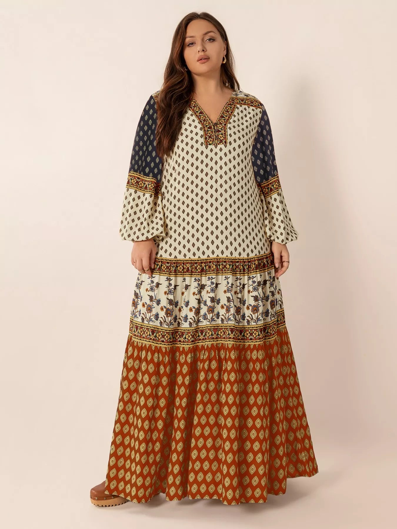 Plus Size Notched Balloon Sleeve Maxi Dress OutfitFlow