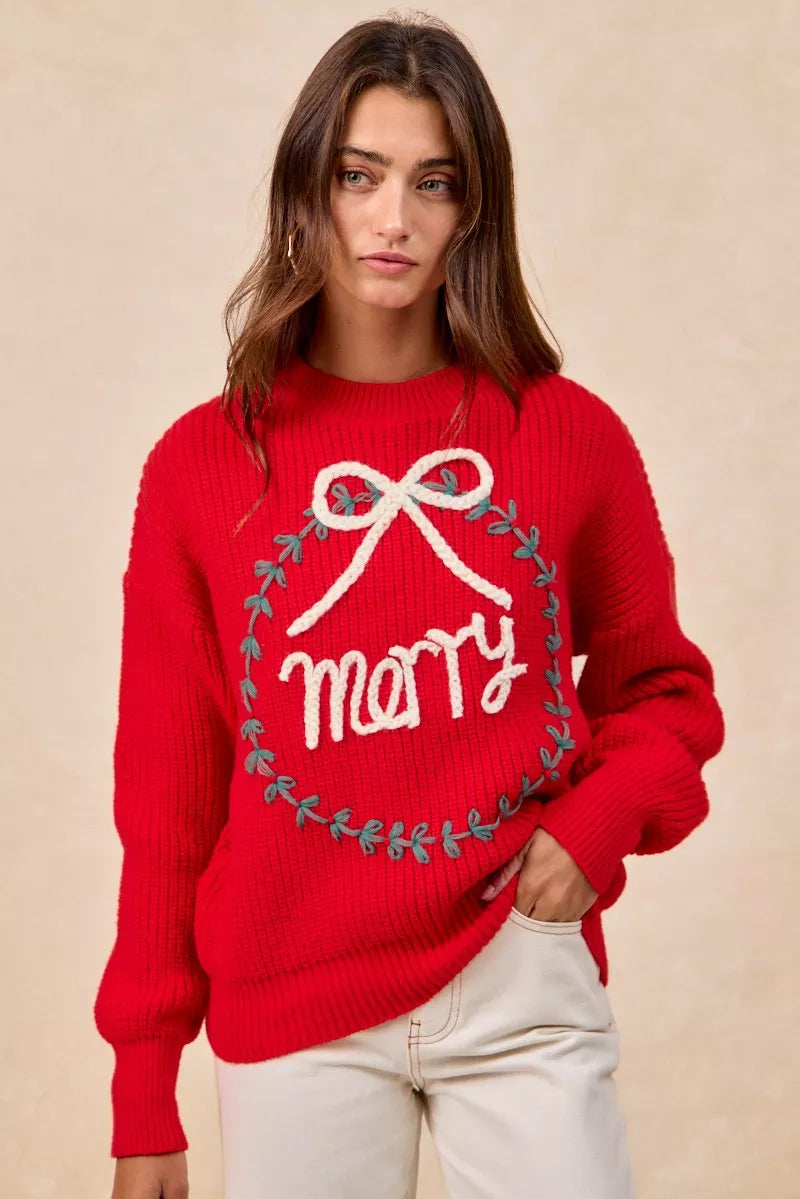 BiBi Christmas Wreath Merry Letter Knit Top OutfitFlow