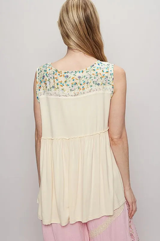 POL Lace Detail Frill Floral V-Neck Sleeveless Top OutfitFlow