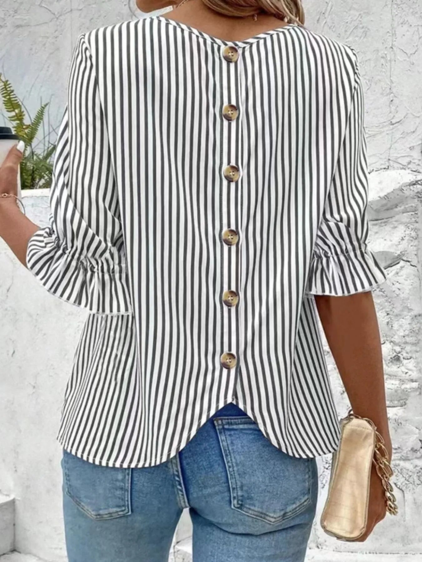 Striped Round Neck Half Sleeve Casual Blouse OutfitFlow