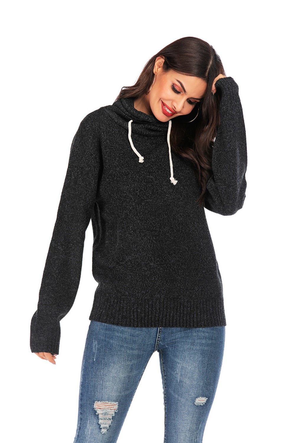 Outfit Flow - Drawstring Mock Neck Long Sleeve Sweater