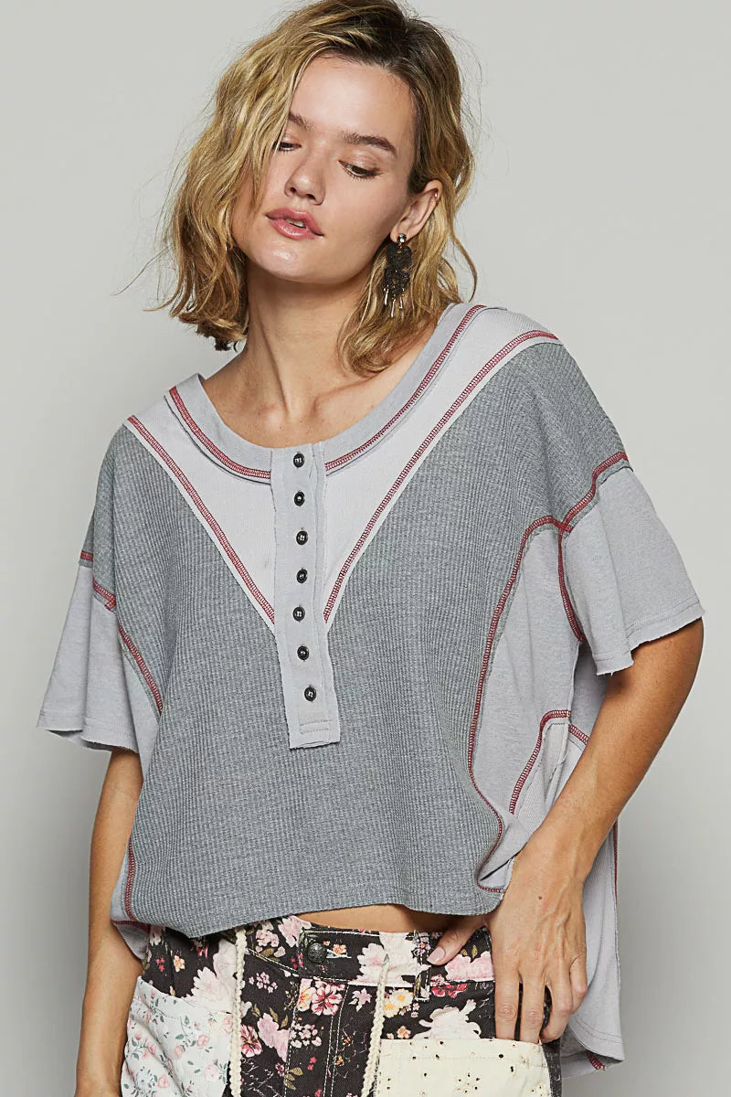 POL Round Neck Short Sleeve Contrast Stitching Top with Back Strap Detail GREY MULTI OutfitFlow