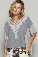POL Round Neck Short Sleeve Contrast Stitching Top with Back Strap Detail GREY MULTI OutfitFlow