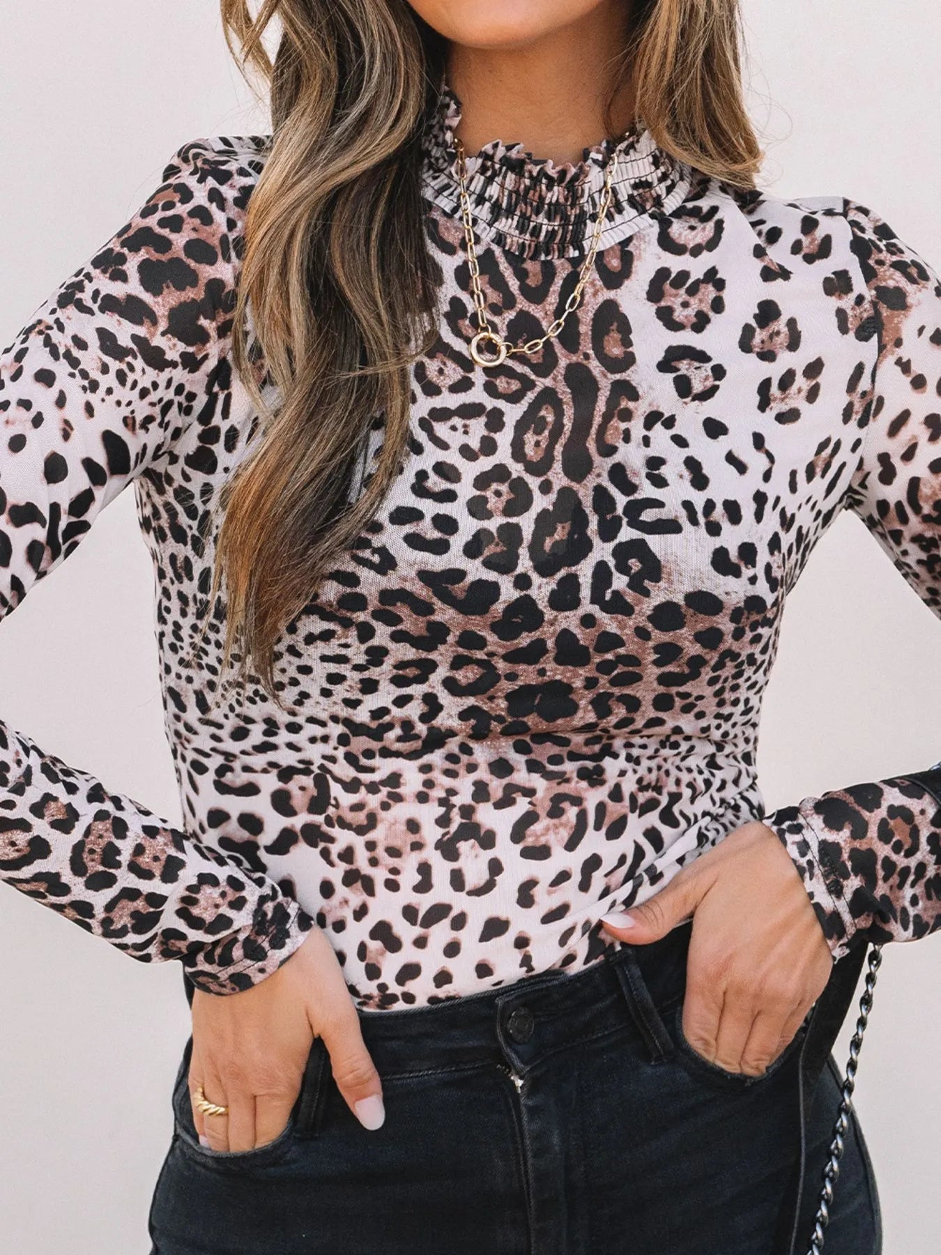 Leopard Print Long Sleeve Mock Neck Bodysuit OutfitFlow