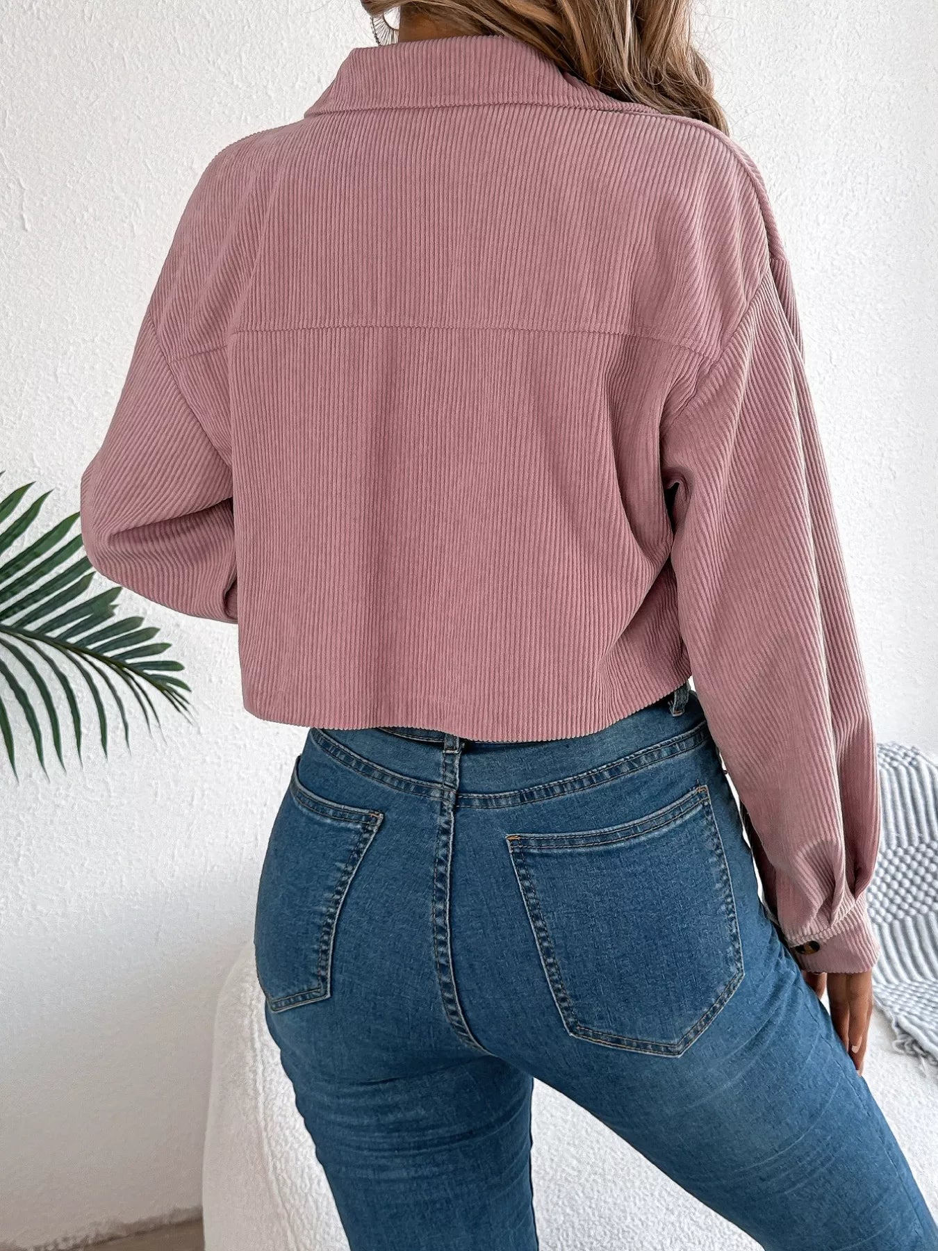 Corduroy Button-Up Dropped Shoulder Jacket Trendsi