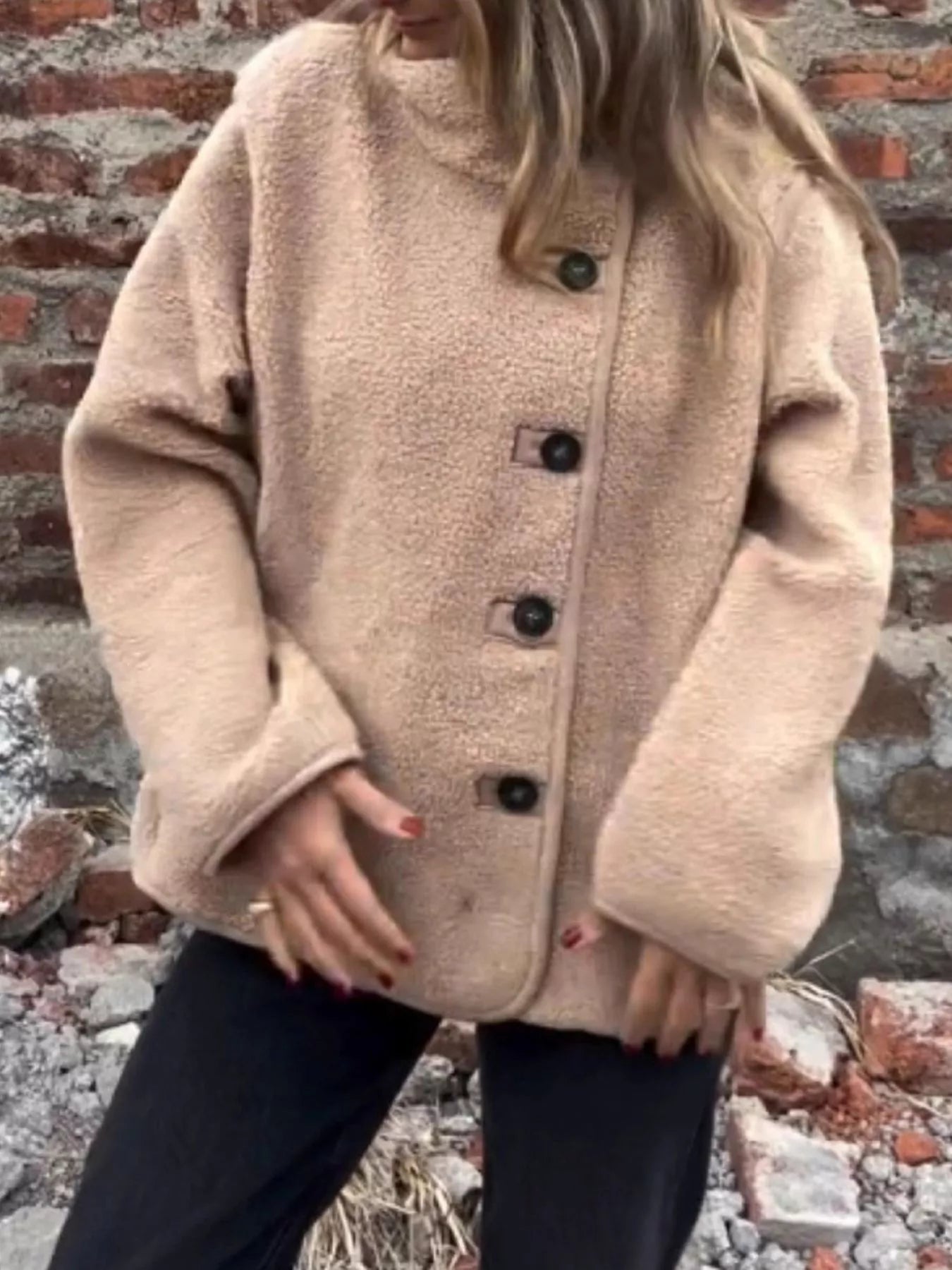 Full Size Button Up Long Sleeve Fleece Jacket Plus Size Trendsi