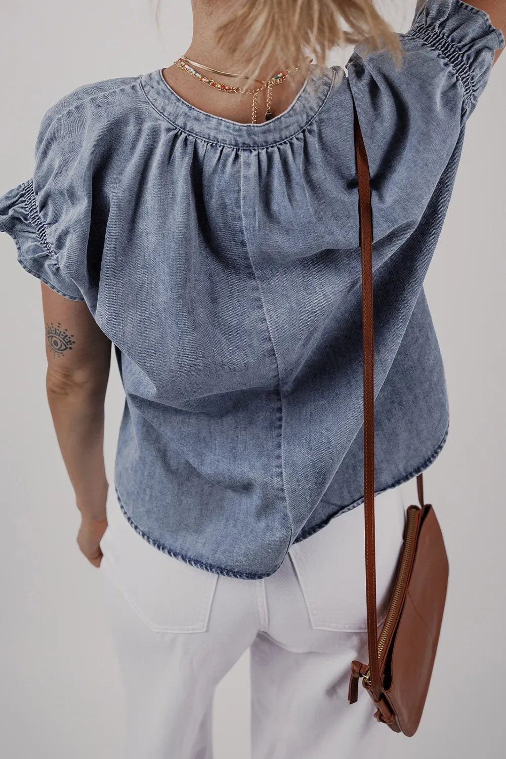 V Neck Ruffled Short Puff Sleeve Denim Top OutfitFlow