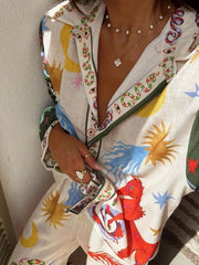 Printed Long Sleeve Shirt and Pants Set OutfitFlow